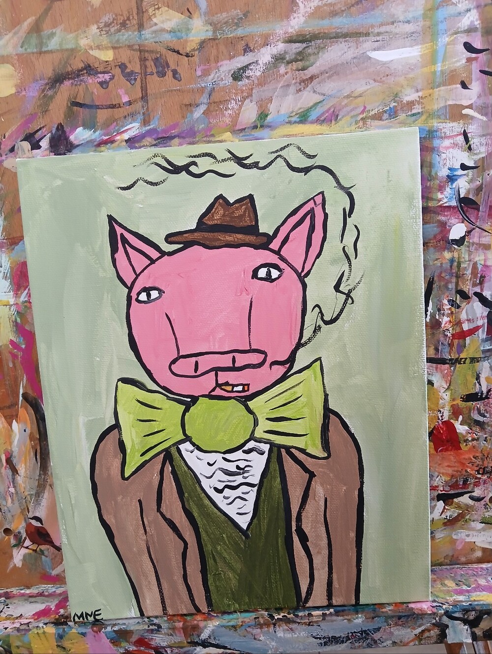 Pig In Bowtie Painting Folk Art